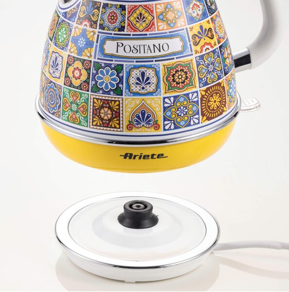 Електрическа кана Ariete Positano 2869/0P, 2000W, 1.7 л, Подвижен филтър, Прозорец за водата, 360C безжична основа, Бял/Жълт