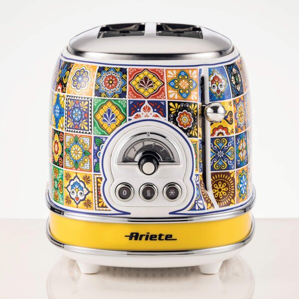 Тостер за хляб Ariete Positano 0155/0P, 810W, 2 филии, 3 функции, 6 степени, Подвижна тава за трохи, Бял/Жълт