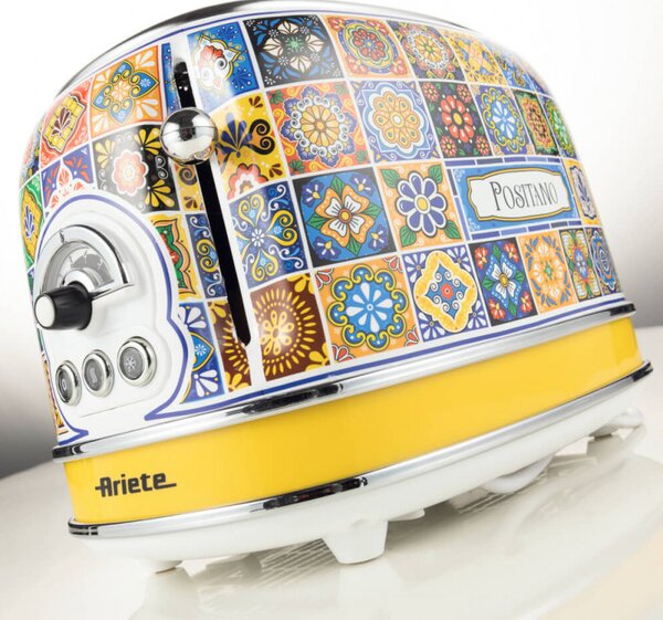 Тостер за хляб Ariete Positano 0155/0P, 810W, 2 филии, 3 функции, 6 степени, Подвижна тава за трохи, Бял/Жълт