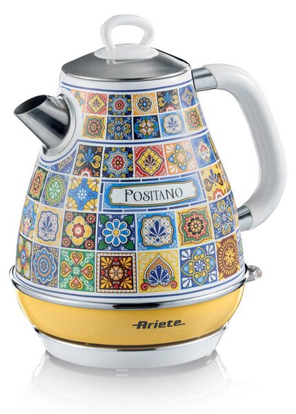 Електрическа кана Ariete Positano 2869/0P, 2000W, 1.7 л, Подвижен филтър, Прозорец за водата, 360C безжична основа, Бял/Жълт