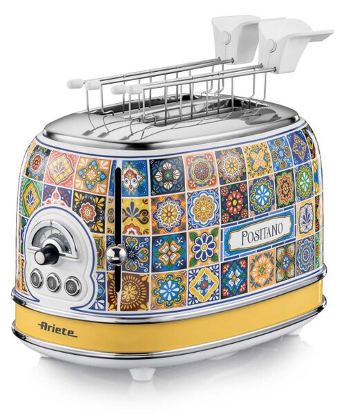 Тостер за хляб Ariete Positano 0155/0P, 810W, 2 филии, 3 функции, 6 степени, Подвижна тава за трохи, Бял/Жълт