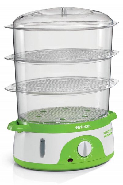 Уред за готвене на пара Ariete HEALTHY STEAM 0911/01, 800W, 9 л, 3 кошници, Таймер, Външно пълнене, Бял/зелен