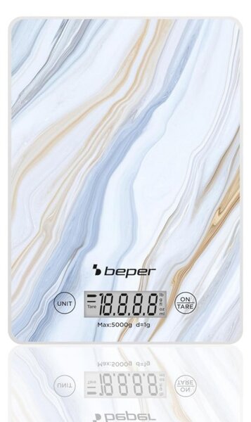 Кухненска везна Beper P102BIL001, До 5 кг, LCD дисплей, Твърди храни и течности, Сензорно управление, Закалено стъкло, Мрамор