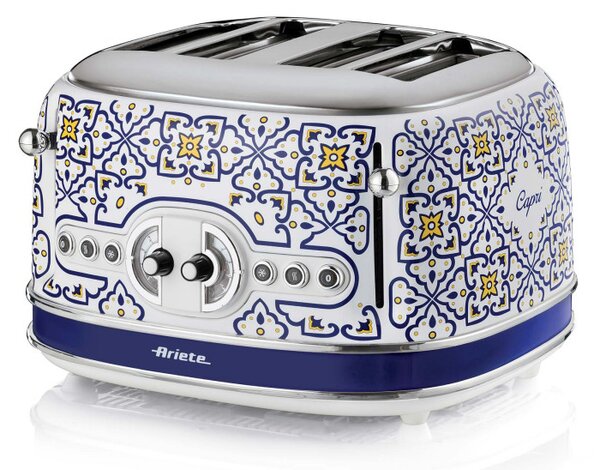 Тостер за хляб Ariete Capri 0156/0C, 1600W, 4 филии, 3 функции, 6 степени, Подвижна тава за трохи, Бял/Син