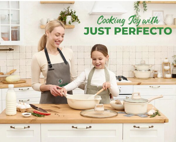 Комплект тенджери и тигани Just Perfecto JL-788, 15 ч, Отливка, Мраморно покритие, Индукция, Аксесоари, Бежов