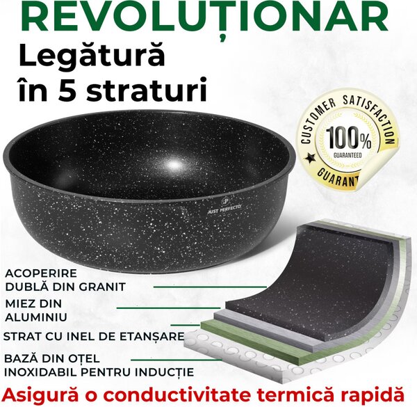 Комплект тенджери и тигани Just Perfecto JL-998, 11 ч, Отливка, Мраморно покритие, Индукция, 2 Подвижни дръжки, Черен