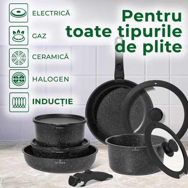 Комплект тенджери и тигани Just Perfecto JL-998, 11 ч, Отливка, Мраморно покритие, Индукция, 2 Подвижни дръжки, Черен