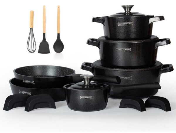 Комплект тенджери и тигани Royalty Line Premium RL-OS1014B, 17 ч, Отливка, Greblon мраморно покритие, Индукция, Черен