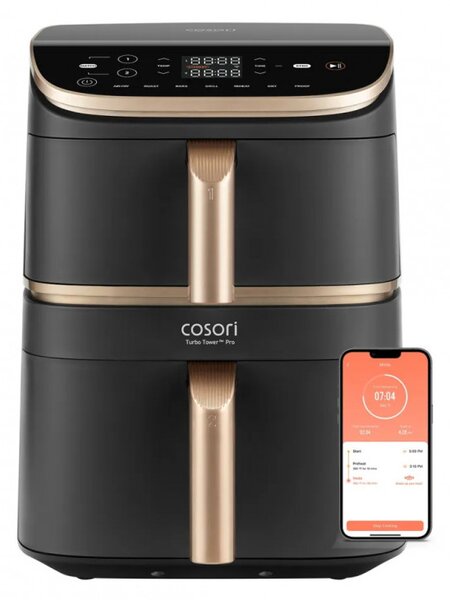 Двоен фритюрник с горещ въздух Cosori Turbo Tower Pro CAF-DC123S, 2630W, 10.8 л, 30-230C, 7 програми, Синхронизиране, Смарт, Черен/шампанско