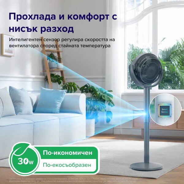 Циркулационен вентилатор Levoit Pedestal Circulator Fan LPF-R432-AEUR, 30W, 12 скорости, 4 режима, Осцилация 120C, Температурен сензор, Таймер, Дистанционно, Черен/златист