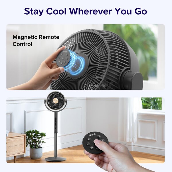 Циркулационен вентилатор Levoit Pedestal Circulator Fan LPF-R432-AEUR, 30W, 12 скорости, 4 режима, Осцилация 120C, Температурен сензор, Таймер, Дистанционно, Черен/златист