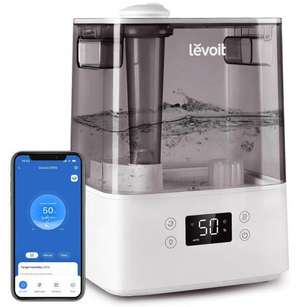 Ултразвуков смарт овлажнител за въздух Levoit Classic 300S, 47 м2, 26W, 6 Л, Smart, WiFi, Гласови команди, Автономия 60 ч, Бял/Сив