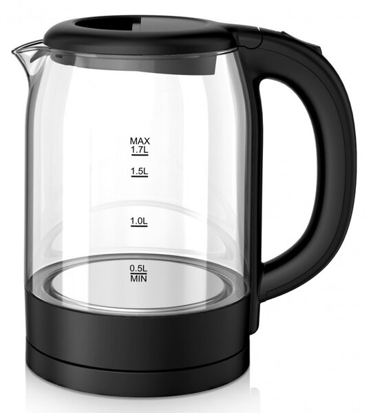 Електрическа стъклена кана Oliver Voltz OV51230X, 2200W, 1.7 л, Скрит нагревател, Светлинен индикатор, 360C основа, Черен