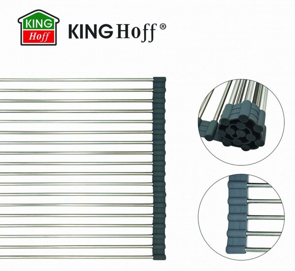 Постелка за сушене на съдове Kinghoff KH 1903, 45х32 см, Устойчива на корозия, Силиконви краища, Неплъзгаща се, Сгъваема, Инокс/сив