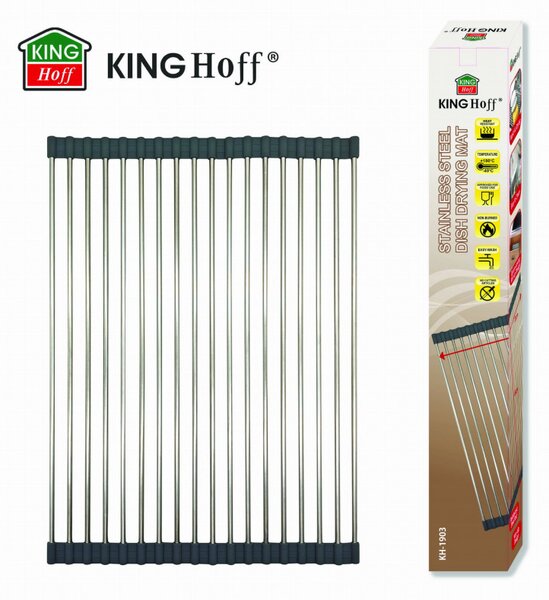 Постелка за сушене на съдове Kinghoff KH 1903, 45х32 см, Устойчива на корозия, Силиконви краища, Неплъзгаща се, Сгъваема, Инокс/сив