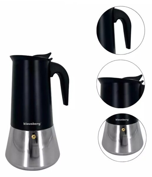 Кубинска кафеварка Klausberg KB 7847, 12 чаши, 600 мл, Неръждаема стомана, Индукция, Черен/Инокс