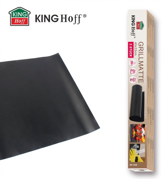Комплект 3 бр подложки за печене Kinghoff KH 1920, За барбекю/скара, PTFE незалепващо покритие, 40х33 см, Устойчива до 200C, Черен