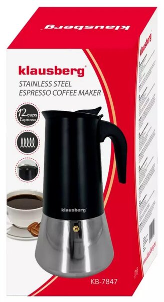 Кубинска кафеварка Klausberg KB 7847, 12 чаши, 600 мл, Неръждаема стомана, Индукция, Черен/Инокс
