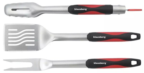 Комплект 3бр прибори за барбекю Klausberg KB 7899, Щипка, Вилица, Шпатула, Отвор за окачване, Неръждаема стомана, Черен/Червен