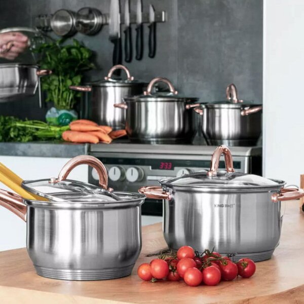 Комплект тенджери и тиган Kinghoff KH 1765, 12 ч, Индукция, Инокс/розово злато