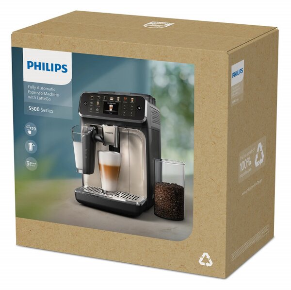 Кафеавтомат Philips EP5547/90 LatteGo, 1500W, 15 bar, 1.8 л, 20 напитки, Керамична мелачка с 12 нива, TFT, AquaClean, SilentBrew, AromaExtract, ExtraShot, Черен/Бежов