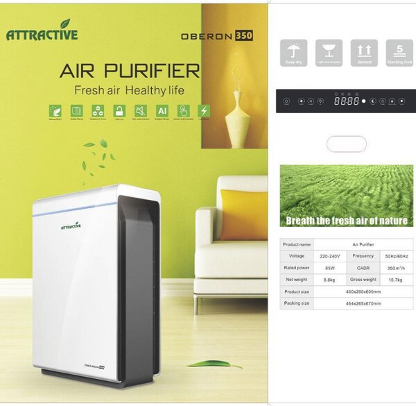 Пречиствател за въздух Attractive Oberon 350, 85W, За до 65 м2, 350 м3/ч, 3 скорости, WiFi, Йонизация, Интелигентни сензори, Дистанционно, Тъчскрийн, Бял/черен