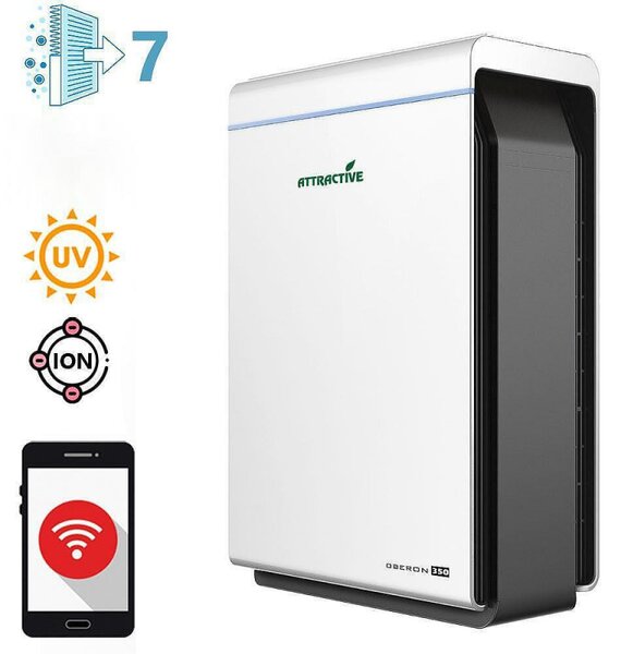 Пречиствател за въздух Attractive Oberon 350, 85W, За до 65 м2, 350 м3/ч, 3 скорости, WiFi, Йонизация, Интелигентни сензори, Дистанционно, Тъчскрийн, Бял/черен