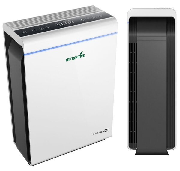 Пречиствател за въздух Attractive Oberon 350, 85W, За до 65 м2, 350 м3/ч, 3 скорости, WiFi, Йонизация, Интелигентни сензори, Дистанционно, Тъчскрийн, Бял/черен