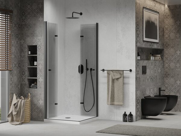 Mexen Lima Duo сгъваема душ кабина 80 x 80 см, прозрачна, черна + корито Flat