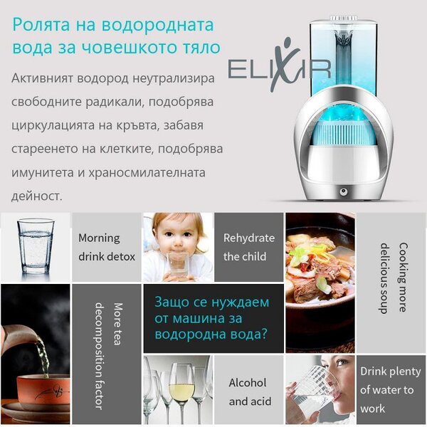 Кана за водородна вода Elixir, 15W, 1.6 л, Тъч скрийн, 1200 PPB, Сменяем филтър, Бял/сив