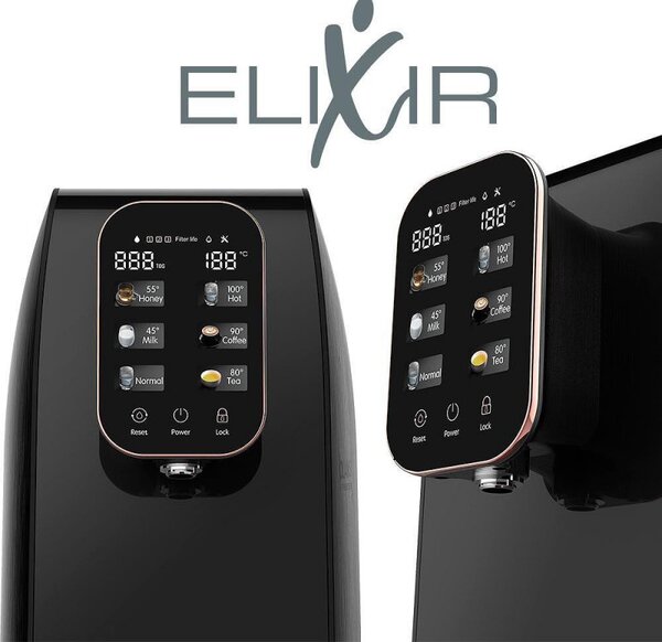 Диспенсър за пречистване и затопляне на чешмяна вода ELIXIR, 2100W, 38-99C, Обратна осмоза, Минерално обогатяване, Черен