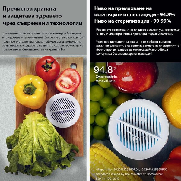 Уред за пречистване на храна Xiaomi Xiaoda, 4400 mAh, 5-35C, IPX7, Магнитно зареждане, Стерилизация 99.99%, Премахване на пестициди 94.8%, Бял