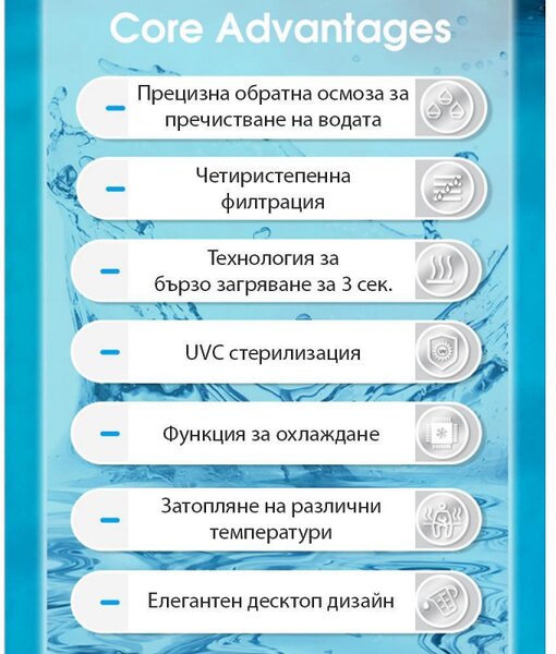 Диспенсър за пречистване на чешмяна вода ELIXIR Neo, 2300W, Затопляне 18 л/ч, Охлаждане 0.5 л/ч, UVC стерилизация, 4-степенна филтрация, Бял