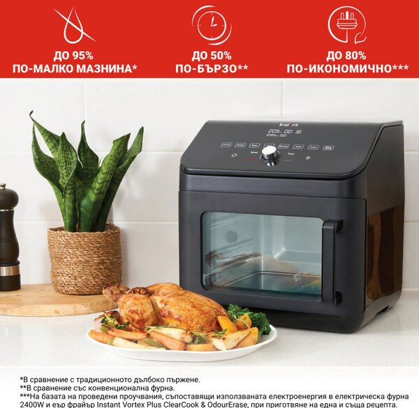 Фритюрник-фурна с горещ въздух Instant Pot Vortex Plus Oven 140410101, 1700W, 13 л, 8 програми, До 205C, EvenCrisp, Черен