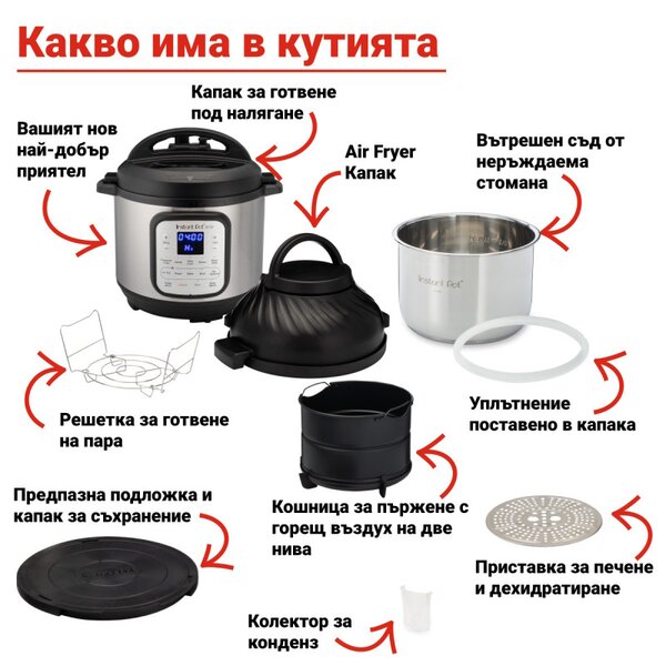 Мултикукър Instant Pot Duo Crisp + Air Fryer 140004401, 1500 W, 5.7 л, 11 програми, Кошница Air Fryer, EvenCrisp, Инокс