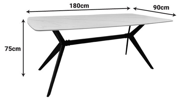 Маса ezali синтерован камък, бял матов мраморен вид с черен метален крак 180x90x75см