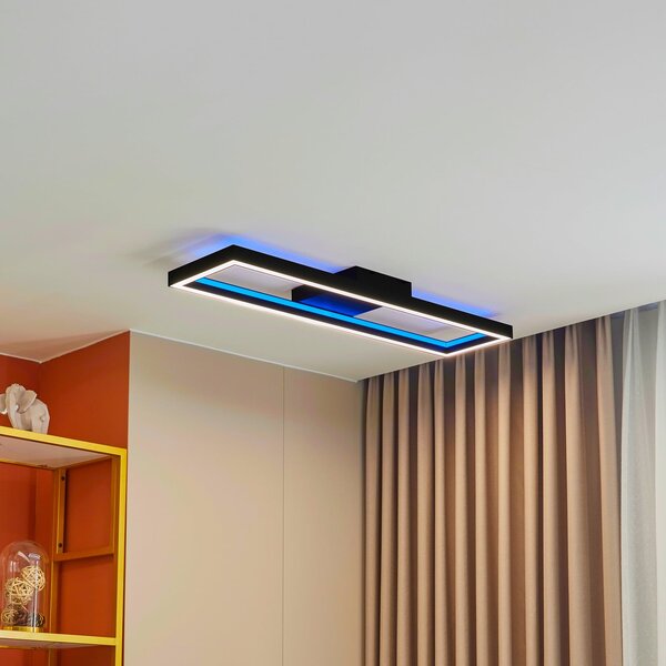 Lucande Smart LED осветление за таван Tjado, 100 cm, черно, RGBW, Затъмняване, Черен, Дневна/трапезария, Метал, Модерен