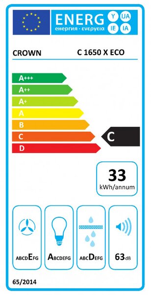 Абсорбатор за вграждане Crown C 1650 X ECO, 60 см, Клас C, 300 m3/h, 3 степени, Алуминиев филтър, Инокс