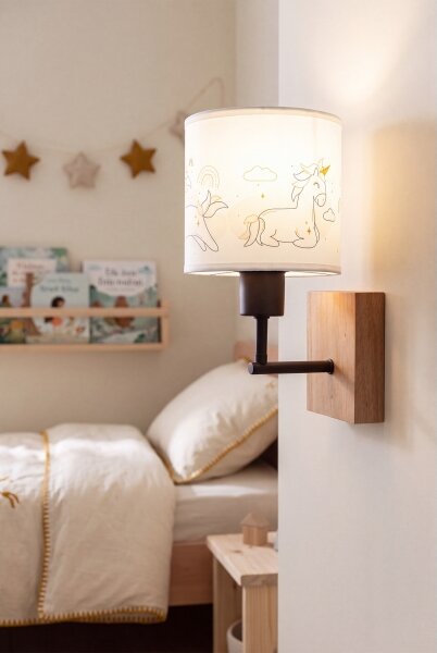 Brilagi - Настенна лампа BOBO WOOD 1xE27/25W/230V дъб/черен/бял/еднорози