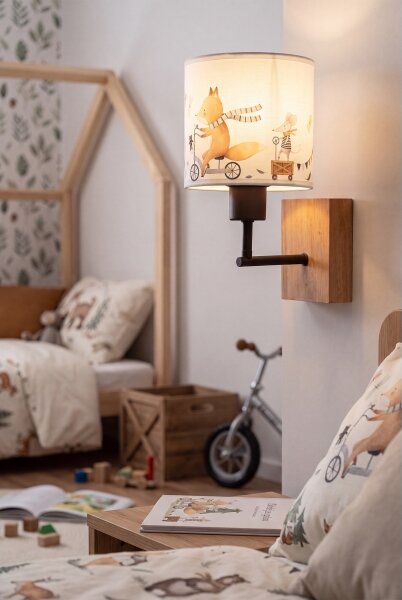 Brilagi - Настенна лампа BOBO WOOD 1xE27/25W/230V дъб/черно/бяло/с животинчета