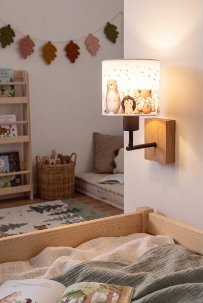 Brilagi - Настенна лампа BOBO WOOD 1xE27/25W/230V дъб/черен/бял/с животински мотиви