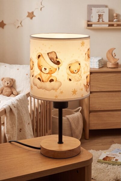 Brilagi - Настолна лампа BOBO WOOD 1xE27/25W/230V дъб/черен/бял/с мотив на мечета