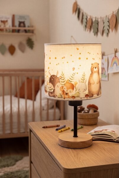 Brilagi - Настолна лампа BOBO WOOD 1xE27/25W/230V дъб/черна/бяла/с животински мотиви