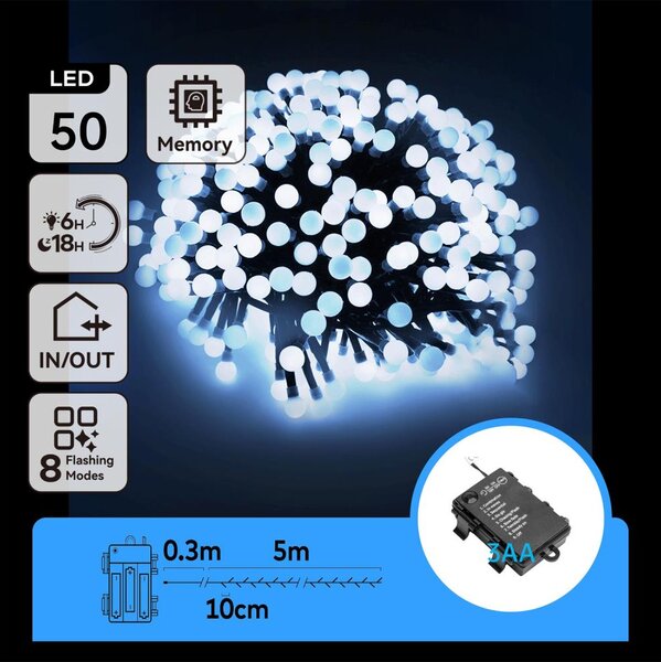 Aigostar -LED външен гирлянд 50xLED/8 функции 3xAA 5,3m IP44 студена бяла