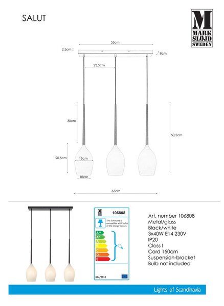 Бяло и черно висящо осветително тяло със стъклен абажур Salut – Markslöjd