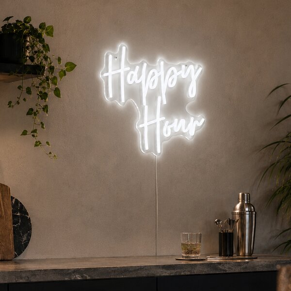 Неонова стенна лампа бяла с LED - Happy Hour