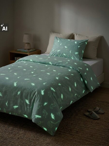 Sinsay - Комплект спално бельо, светещ в тъмното, с мотив динозаври - бледозелено