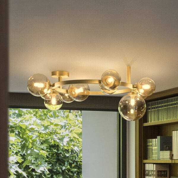IDEAL LUX Таванна лампа Perlage, месинг/кехлибар, дължина 70 см, 10 лампи, Злато / месинг, Дневна/трапезария, Метал