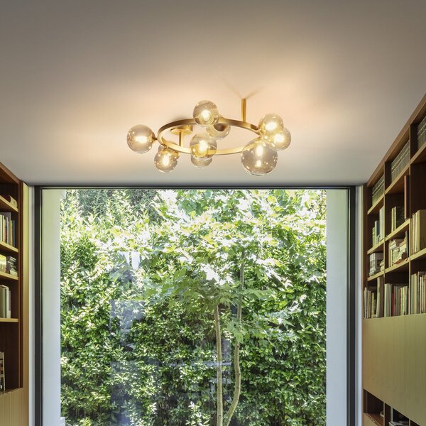 IDEAL LUX Таванна лампа Perlage, месинг/кехлибар, дължина 70 см, 10 лампи, Злато / месинг, Дневна/трапезария, Метал