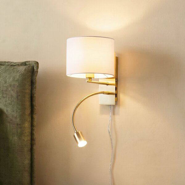Lindby Стенна лампа Florens, месинг, LED за четене, 23,5 cm, Злато / месинг, Дневна/трапезария, Плат / текстил, Модерен, Светлина за четене